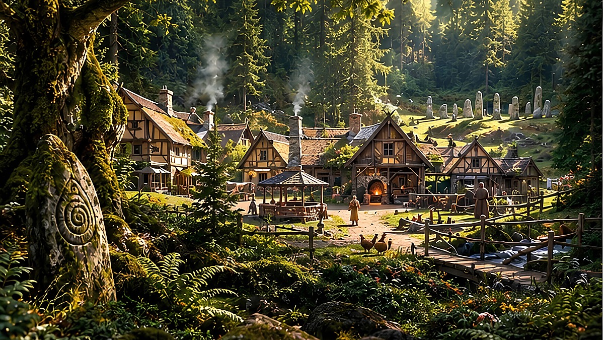 Waldheim, a timber-framed village in the moonlit heart of the Black Forest, beside an ancient stone circle